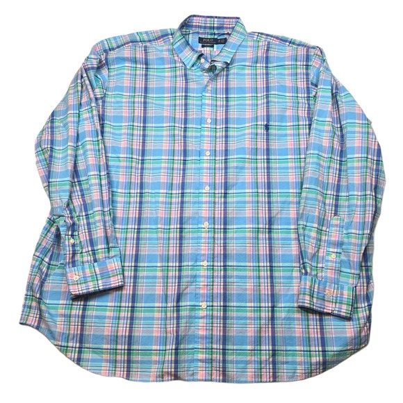 Polo Ralph Lauren Poplin Shirt Mens 3XB Big Tall Blue Pink Stretch Long Sleeve - Picture 1 of 9